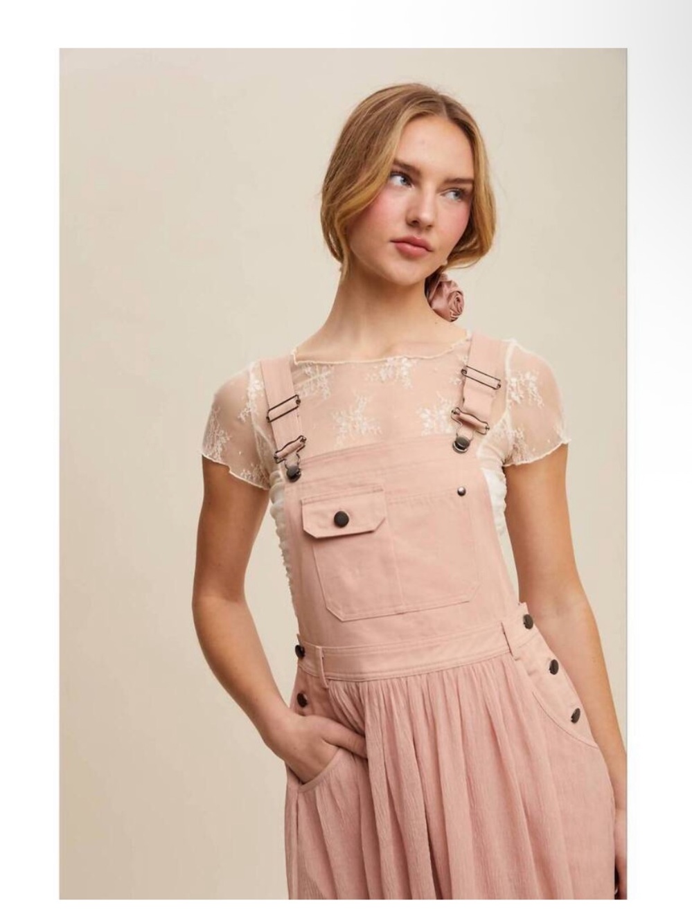 Listicle Cotton Maxi Overall Dress in Cream not Pink